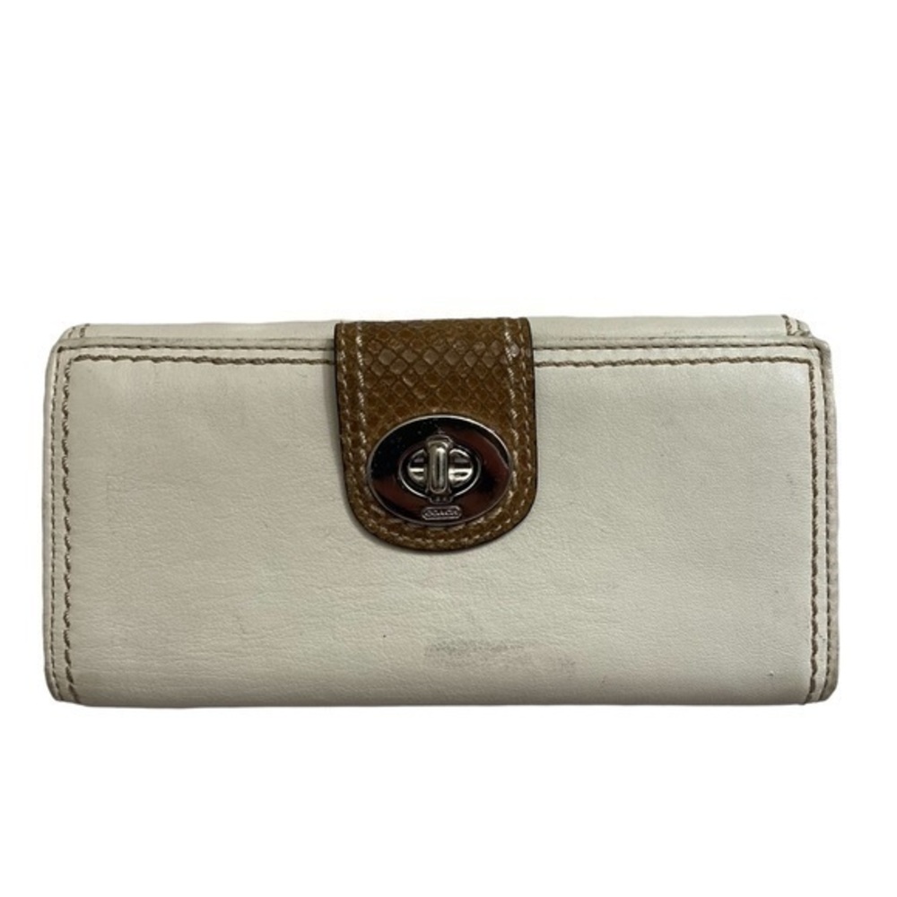 Coach creamy white leather brown turnlock wallet